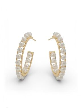 Pearl Hoop Earrings 14k Gold Plated 925 Sterling Silver